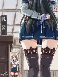 Rule 34 | 10s, 2girls, aftersex, akashi (kancolle), bandana, black hair, blue skirt, from behind, green eyes, hair ribbon, hip vent, holding, holding clothes, holding panties, holding underwear, kantai collection, lace, lace-trimmed legwear, lace trim, long hair, long sleeves, multiple girls, ooyodo (kancolle), panties, unworn panties, pink hair, pleated skirt, pussy juice, ribbon, ribbon-trimmed legwear, ribbon trim, salute, school uniform, serafuku, skirt, smile, tatsumi ray, thighhighs, tress ribbon, twintails, underwear