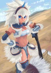 Rule 34 | armor, belt, blue eyes, breasts, capcom, cleavage, desert, gloves, highres, kirin (armor), looking at viewer, midriff, monster hunter (series), navel, smile, solo, tagme, tesshii (riza4828), thighhighs, weapon, white hair