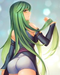 Rule 34 | 1girl, ass, bare shoulders, breasts, c.c., code geass, detached sleeves, from behind, green hair, long hair, looking at viewer, looking back, medium breasts, rotix, shiny clothes, shiny skin, short shorts, shorts, sideboob, solo, very long hair, yellow eyes