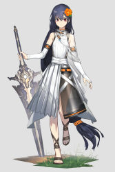 Rule 34 | 1girl, bare shoulders, black footwear, black hair, bridal gauntlets, closed mouth, copyright request, fixro2n, flower, full body, grey background, hair between eyes, hair flower, hair ornament, highres, holding, holding sword, holding weapon, long hair, looking at viewer, official art, orange flower, planted, planted sword, planted weapon, pleated skirt, red eyes, sandals, see-through, shirt, skirt, sleeveless, sleeveless shirt, smile, solo, standing, standing on one leg, sword, very long hair, weapon, white shirt, white skirt
