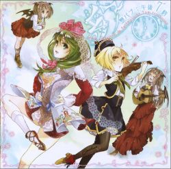 Rule 34 | album cover, alternate costume, artist request, blonde hair, brown hair, character request, cover, cover page, dancing, closed eyes, front ponytail, green hair, guitar, instrument, kagiyama hina, leg up, lunasa prismriver, lyrica prismriver, merlin prismriver, multiple girls, touhou, traditional clothes, traditional costume, violin, wings