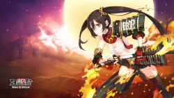 Rule 34 | 1girl, black hair, black skirt, black thighhighs, bloodline, breasts, cleavage, copyright name, dawn (bloodline), detached sleeves, hair ornament, highres, holding, holding sword, holding weapon, katana, long hair, moon, non-web source, red ribbon, ribbon, samurai, sarashi, skirt, small breasts, solo, sword, thighhighs, twintails, weapon, yellow eyes