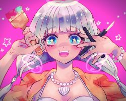 Rule 34 | 1girl, bead bracelet, bead necklace, beads, blood, blue eyes, bracelet, collarbone, danganronpa (series), danganronpa v3: killing harmony, dark-skinned female, dark skin, fangs, gradient background, grey hair, halo, holding, jacket, jewelry, long hair, looking at viewer, low twintails, necklace, pink background, pink blood, portrait, rexmmik, shell, shell necklace, smile, solo, star (symbol), teeth, twintails, upper teeth only, yonaga angie