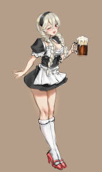 Rule 34 | 1girl, absurdres, alcohol, alternate costume, apron, athenawyrm, barmaid, beer, blush, braid, breasts, cleavage, corrin (female) (fire emblem), corrin (fire emblem), enmaided, fire emblem, fire emblem fates, frills, full body, hair between eyes, hair ornament, hairband, highres, long hair, looking at viewer, maid, maid apron, maid headdress, medium breasts, nintendo, one eye closed, open mouth, pointy ears, puffy sleeves, red eyes, silver hair, skirt, solo, standing, twin braids, waist apron