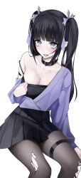Rule 34 | + +, 1girl, absurdres, black camisole, black choker, black hair, black pantyhose, black skirt, blunt bangs, blush, bow, breasts, camisole, camisole lift, choker, cleavage, clothes lift, collarbone, collarbone piercing, commentary, cropped legs, ear piercing, english commentary, hair bow, hair ornament, highres, invisible chair, large breasts, lifting own clothes, long hair, long sleeves, off shoulder, original, pantyhose, piercing, pleated skirt, puffy long sleeves, puffy sleeves, purple bow, purple eyes, purple shirt, shirt, simple background, single bare shoulder, sitting, skirt, sweat, thigh strap, torn clothes, torn pantyhose, twintails, waytok, white background