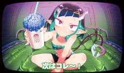 Rule 34 | 1girl, nanashi inc., belt, belt bra, black hair, black shorts, blue belt, blue hair, chaki (teasets), chest belt, closed mouth, commentary request, couch, cup, demon girl, demon horns, demon tail, drinking straw, fang, flat chest, full body, highres, holding, holding cup, horns, indian style, looking at viewer, medium hair, multicolored hair, pointy ears, red eyes, shishio chris, shorts, sitting, solo, static, sugar lyric, tail, television, two-tone hair, virtual youtuber