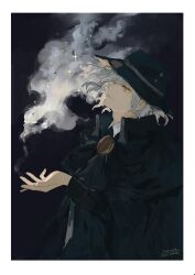 Rule 34 | 1boy, black coat, black hat, border, brooch, cigarette, coat, fedora, floating hair, hair between eyes, hat, highres, holding, holding cigarette, jewelry, long sleeves, male focus, original, parted lips, profile, shirt, signature, smoke trail, solo, surume (su1193), trench coat, upper body, white border, white hair, white shirt, yellow eyes