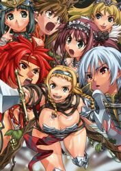Rule 34 | 6+girls, airi (queen&#039;s blade), airi (queen's blade), airi (the infernal temptress), ancient princess menace, armor, armored boots, black hair, blonde hair, blue eyes, bob cut, boots, braid, breasts, brown eyes, brown hair, captain of the royal guard elina, cleavage, curvy, elina (queen&#039;s blade), elina (queen's blade), exiled warrior leina, fang assassin irma, fangs, food, forest keeper nowa, fruit, grapes, green eyes, hairband, headband, headdress, holding, holding shield, holding sword, holding weapon, irma (queen&#039;s blade), irma (queen's blade), kei (bekei), large breasts, leina (queen&#039;s blade), leina (queen's blade), long hair, looking at viewer, maid headdress, menace (queen&#039;s blade), menace (queen's blade), multiple girls, nowa (queen&#039;s blade), nowa (queen's blade), open mouth, outstretched arm, plant, pointing, pointing at viewer, pointing weapon, queen&#039;s blade, red eyes, red hair, revealing clothes, risty (queen&#039;s blade), risty (queen's blade), shield, shiny skin, short hair, silver hair, sword, thong, tongue, tongue out, twin braids, vines, weapon, wide hips, wilderness bandit risty