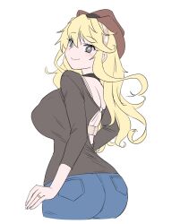 Rule 34 | + +, 1girl, alternate costume, ass, black shirt, blonde hair, blue eyes, blue shorts, breasts, cowboy hat, cowboy shot, denim, flat color, from behind, hat, iowa (kancolle), jeans, kantai collection, large breasts, long hair, looking at viewer, pants, shirt, shorts, simple background, solo, tamu (mad works), white background