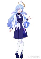 Rule 34 | 1girl, absurdres, alternate costume, aqua eyes, black collar, blue footwear, blue hair, blue skirt, collar, commentary request, earrings, feathered wings, full body, hair between eyes, halo, hand up, head wings, highres, honkai: star rail, honkai (series), jewelry, loafers, long hair, long sleeves, looking at viewer, open mouth, pantyhose, partial commentary, pochimaru (marumaru wanwan), robin (honkai: star rail), shirt, shoes, simple background, skirt, smile, solo, standing, white background, white pantyhose, white shirt, wings