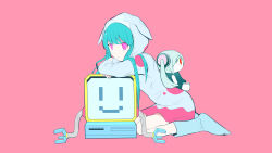 Rule 34 | 2girls, absurdres, aimaina, alternate costume, aqua hair, blue footwear, closed mouth, dress, expressionless, green background, hatsune miku, highres, hood, hooded dress, multicolored clothes, multicolored dress, multiple girls, pink eyes, pinocchio-p, shoes, simple background, solo, vocaloid, yozurina (vocaloid)