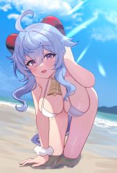 Rule 34 | 1girl, :d, ahoge, all fours, bare arms, bare shoulders, beach, bell, bikini, blue hair, breasts, cleavage, cowbell, day, ganyu (genshin impact), genshin impact, goat horns, halterneck, highres, horns, large breasts, long hair, looking at viewer, mole, mole on thigh, open mouth, outdoors, pn (wnsl216), purple eyes, scrunchie, skindentation, smile, solo, string bikini, sunlight, swimsuit, thighs, wet, white bikini, wrist scrunchie