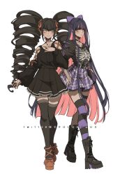 Rule 34 | 2girls, alternate costume, artist name, asymmetrical legwear, bare shoulders, black hair, black shirt, black skirt, black thighhighs, blush, celestia ludenberg, closed mouth, criis-chan, danganronpa: trigger happy havoc, danganronpa (series), full body, hair ribbon, hand up, lace, lace-trimmed skirt, lace trim, long hair, looking at another, miniskirt, mismatched legwear, multicolored hair, multiple girls, panty &amp; stocking with garterbelt, pink hair, plaid, plaid skirt, pleated skirt, puffy sleeves, purple hair, red footwear, red ribbon, ribbon, shirt, short sleeves, simple background, skirt, skull print, smile, stocking (psg), thighhighs, two-tone hair, white background, zettai ryouiki