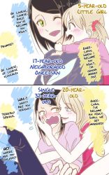 Rule 34 | 2girls, 2koma, age difference, black hair, blonde hair, blue eyes, blush, comic, commentary request, green eyes, hand on another&#039;s face, hard-translated, hug, hug from behind, multiple girls, one eye closed, open mouth, original, pipipi sensei, school uniform, third-party edit, translated, wavy mouth, yuri