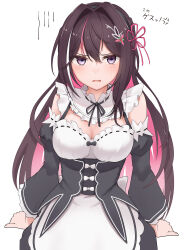 Rule 34 | 1girl, absurdres, alternate costume, anger vein, angry, apron, arm support, azki (4th costume) (hololive), azki (hololive), black hair, black ribbon, black skirt, braid, breasts, cleavage, collar, colored inner hair, corset, cosplay, detached collar, detached sleeves, dress, frilled collar, frills, frown, hair between eyes, hair intakes, hair ornament, hair ribbon, hairclip, highres, hololive, jacket, long sleeves, looking at viewer, maid, maid apron, medium breasts, micon, multicolored hair, neck ribbon, neckerchief, official alternate hair length, official alternate hairstyle, open mouth, pink hair, puffy long sleeves, puffy sleeves, purple eyes, re:zero kara hajimeru isekai seikatsu, red ribbon, rem (re:zero), rem (re:zero) (cosplay), ribbon, roswaal mansion maid uniform, simple background, sitting, skirt, solo, streaked hair, upper body, v-shaped eyebrows, virtual youtuber, white background, white dress, white hair
