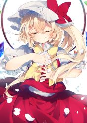 Rule 34 | 1girl, artist name, blonde hair, bow, bowtie, closed eyes, closed mouth, collar, collared shirt, crystal, flandre scarlet, hair between eyes, hands up, hat, hat ribbon, highres, jewelry, kazato fuuchi, mob cap, multicolored wings, one side up, petals, puffy short sleeves, puffy sleeves, red ribbon, red skirt, red vest, ribbon, shirt, short hair, short sleeves, skirt, smile, solo, touhou, vest, white background, white hat, white shirt, wings, yellow bow, yellow bowtie