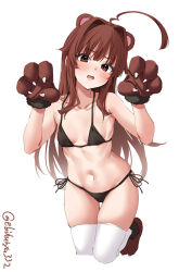 Rule 34 | 1girl, ahoge, animal ears, animal hands, bare shoulders, bear ears, bikini, blush, breasts, brown eyes, brown hair, collarbone, cropped legs, ebifurya, fang, gloves, hair intakes, hands up, highres, kantai collection, kuma (kancolle), long hair, looking at viewer, navel, one-hour drawing challenge, open mouth, paw gloves, paw shoes, side-tie bikini bottom, simple background, small breasts, solo, standing, standing on one leg, stomach, string bikini, swimsuit, thigh gap, thighhighs, thighs, twitter username, very long hair, white background, white thighhighs