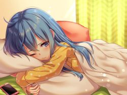 Rule 34 | 1girl, ahoge, bad id, bad pixiv id, blue eyes, blue hair, blush, cellphone, closed mouth, commentary request, curtains, day, fingernails, hair between eyes, highres, indoors, long hair, long sleeves, lying, hugging object, on stomach, one eye closed, orange pajamas, orange shirt, original, pajamas, phone, pillow, pillow hug, revision, sakura chiyo (konachi000), shirt, smartphone, solo, sunlight, under covers