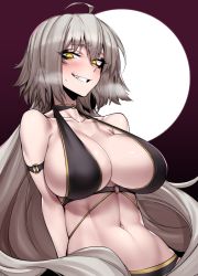 Rule 34 | 1girl, ahoge, arm strap, arms behind back, bare shoulders, bikini, black background, black bikini, black choker, blush, breasts, breath, brown background, choker, cleavage, collarbone, fate/grand order, fate (series), gradient background, grey hair, grin, half-closed eyes, halterneck, j.k., jeanne d&#039;arc alter (swimsuit berserker) (fate), jeanne d&#039;arc (fate), jeanne d&#039;arc alter (fate), jeanne d&#039;arc alter (festival outfit) (fate), large breasts, long hair, looking at viewer, navel, o-ring, o-ring bikini, o-ring top, official alternate costume, shiny skin, sidelocks, smile, solo, stomach, strap gap, sweatdrop, swimsuit, very long hair, yellow eyes