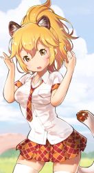 Rule 34 | 10s, 1girl, alternate costume, animal ears, blonde hair, collared shirt, commentary request, cowboy shot, extra ears, fukushima masayasu, highres, kemono friends, lion (kemono friends), lion ears, lion tail, necktie, plaid, plaid necktie, plaid neckwear, plaid skirt, plaid trim, pleated skirt, ponytail, shirt, short hair, short sleeves, skirt, solo, tail, thighhighs, zettai ryouiki