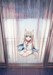 Rule 34 | 1girl, 40hara, animal collar, animal ear fluff, animal ears, aqua eyes, blonde hair, blunt bangs, cat ears, cat tail, clothes writing, collar, commentary request, highres, kinako (40hara), kneeling, long hair, looking at viewer, open mouth, original, rain, red collar, shirt, solo, stuffed tuna, t-shirt, tail, white shirt, window, wooden floor
