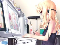 Rule 34 | 1girl, aoi kumiko, blonde hair, brown eyes, cigarette, cigarette pack, computer, flat chest, glasses, headset, keyboard (computer), one-piece swimsuit, original, school swimsuit, solo, stylus, swimsuit