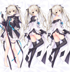 Rule 34 | 1girl, alternate costume, azur lane, barefoot, bed sheet, black capelet, black gloves, black ribbon, black sailor collar, black skirt, black thighhighs, blush, breasts, brown eyes, capelet, closed mouth, cosplay, dakimakura (medium), detached sleeves, from above, full body, fur-trimmed capelet, fur trim, gloves, hair ribbon, half gloves, holding, holding sword, holding weapon, jacket, kasugano sora, kawakaze (azur lane), kawakaze (azur lane) (cosplay), long hair, long sleeves, looking at viewer, lying, miniskirt, multiple views, nipples, no panties, on side, panties, pleated skirt, ribbon, sailor collar, shoulder blades, silver hair, skirt, small breasts, summer-d (dodojune), sword, thigh strap, thighhighs, twintails, underwear, very long hair, weapon, white jacket, white panties, white skirt, white sleeves, yosuga no sora