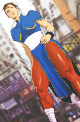 Rule 34 | 1girl, blurry, blurry background, boots, bracelet, breasts, brown eyes, brown hair, brown pantyhose, bun cover, capcom, china dress, chinese clothes, chun-li, city, cross-laced footwear, double bun, dress, eyeshadow, female focus, hair bun, hand on own hip, high collar, highres, jewelry, lace-up boots, large breasts, lipstick, makeup, muscular, muscular female, nappii (nappy happy), outdoors, pantyhose, pelvic curtain, photo background, puffy short sleeves, puffy sleeves, sash, short sleeves, side slit, sky, solo, spiked bracelet, spikes, standing, street fighter, swept bangs, thick thighs, thighs