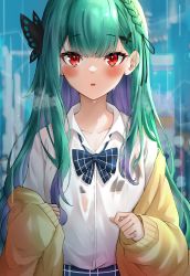 Rule 34 | 1girl, 3girls, absurdres, black bra, blouse, blue bow, blue skirt, bow, bra, bra visible through clothes, braid, butterfly hair ornament, cardigan, collared shirt, commentary request, dress shirt, green hair, hair ornament, hands up, highres, hololive, lds (dstwins97), long hair, long sleeves, looking at viewer, multicolored hair, multiple girls, off shoulder, open cardigan, open clothes, puffy long sleeves, puffy sleeves, purple hair, red eyes, school uniform, see-through, see-through shirt, shirt, skirt, sleeves past wrists, solo, two-tone hair, underwear, uruha rushia, uruha rushia (school uniform), very long hair, virtual youtuber, wet, wet clothes, wet hair, wet shirt, white shirt, yellow cardigan