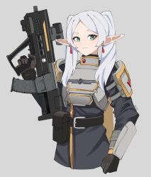 Rule 34 | 1girl, absurdres, ar-23 liberator, armor, belt, belt buckle, belt pouch, breastplate, buckle, bullpup, commentary, earrings, elf, english commentary, frieren, gar32, green eyes, grey background, grey hair, gun, helldivers (series), highres, holding, holding gun, holding weapon, jewelry, pointy ears, pouch, simple background, solo, sousou no frieren, twintails, weapon