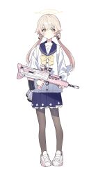 Rule 34 | 1girl, assault rifle, black pantyhose, blonde hair, blue archive, blue skirt, blush, bow, bowtie, bullpup, l85, gun, hair ornament, halo, hifumi (blue archive), highres, holding, holding gun, holding weapon, l85, long sleeves, looking at viewer, low twintails, pantyhose, rifle, sawayaka samehada, shirt, shoes, simple background, skirt, solo, standing, twintails, weapon, white background, white footwear, white shirt, yellow bow, yellow bowtie, yellow eyes