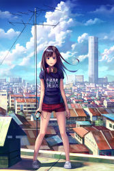 Rule 34 | 1girl, blue eyes, brown hair, casual, chong feigiap, clothes writing, digital media player, highres, ipod, ipod touch, original, real world location, rooftop, shirt, shorts, solo