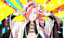 Rule 34 | 1boy, coat, double v, emotional engine - full drive, fate/grand order, fate (series), hair over one eye, highres, kimidorix32, male focus, red eyes, red hair, signature, takasugi shinsaku (fate), tongue, tongue out, v, white coat, wide sleeves