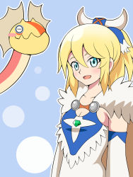 Rule 34 | 10s, 1girl, :d, ayuria, bare shoulders, blonde hair, blue background, blue eyes, blush, blush stickers, bone hair ornament, breasts, cape, cleavage, detached sleeves, dress, closed eyes, fur trim, hair ornament, half-closed eyes, highres, inabakun00, looking to the side, monster hunter (series), monster hunter stories, open mouth, ponytail, simple background, sleeveless, sleeveless dress, small breasts, smile, standing, upper body