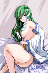 Rule 34 | 1girl, ass, bad id, bad pixiv id, blush, breasts, censored, convenient censoring, detached sleeves, female focus, gohei, green eyes, green hair, hair censor, hair ornament, hair over breasts, hair tubes, highres, kochiya sanae, large breasts, long hair, lying, matching hair/eyes, nude, on side, oonusa, signature, sindre, solo, touhou