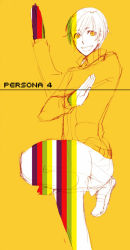 Rule 34 | 1girl, :d, androgynous, atlus, breasts, copyright name, fighting stance, flat chest, jacket, kneehighs, legs, looking at viewer, monochrome, open mouth, orange background, pants, persona, persona 4, satonaka chie, sawa, school uniform, shoes, short hair, smile, socks, solo, standing, sweatpants, tomboy, track jacket