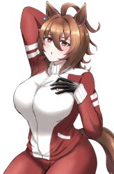 Rule 34 | 1girl, agnes tachyon (umamusume), ahoge, animal ears, arm up, black gloves, blush, breasts, brown hair, chestnut mouth, commentary, cowboy shot, earrings, gloves, hair between eyes, highres, horse ears, horse girl, horse tail, jacket, jewelry, large breasts, long sleeves, miya nns35, pants, red eyes, red jacket, red pants, short hair, simple background, single earring, solo, tail, tracen training uniform, track jacket, track pants, umamusume, white background