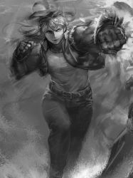 Rule 34 | 1boy, belt, denim, fatal fury, fingerless gloves, gloves, greyscale, jacket, jeans, long hair, male focus, monochrome, nao3art, pants, punching, sleeveless, snk, solo, terry bogard, the king of fighters
