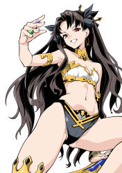 Rule 34 | 1girl, armpits, bare arms, bare legs, bare shoulders, bikini, black hair, breasts, crown, fate/grand order, fate (series), hair ornament, hair ribbon, hassystants, highres, ishtar (fate), long hair, looking at viewer, open mouth, red eyes, ribbon, simple background, smile, solo, stomach, swimsuit, teeth, thighhighs, twintails, white background