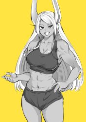 Rule 34 | 1girl, :d, abs, animal ears, bare arms, bare shoulders, black shorts, black sports bra, boku no hero academia, breasts, cleavage, collarbone, dark-skinned female, dark skin, dolphin shorts, greyscale with colored background, hand on own hip, highres, large breasts, long eyelashes, long hair, looking at viewer, mirko, navel, omanju25, open mouth, rabbit ears, rabbit girl, short shorts, shorts, smile, solo, sports bra, stomach, swept bangs, teeth, thighs, toned, very long hair, yellow background