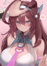 Rule 34 | 1girl, 1other, absurdres, ahoge, animal ears, bare shoulders, blue eyes, blush, breasts, brown hair, closed mouth, commentary request, double-parted bangs, hair between eyes, headpat, heart, highres, horse ears, horse girl, huge ahoge, inaba (usanopo), large breasts, leotard, long hair, looking ahead, mihono bourbon (umamusume), necktie, pink necktie, silver hairband, smile, spoken heart, umamusume, upper body, white leotard