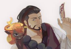 Rule 34 | 1boy, bara, beard, character request, copyright request, creature, creature on shoulder, expressionless, facial hair, hand up, highres, long hair, looking at viewer, male focus, mature male, mutton chops, on shoulder, onmyouji, pectoral cleavage, pectorals, sdz (inazuma), talisman, thick eyebrows, upper body