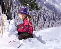 Rule 34 | 1girl, bare tree, beanie, black gloves, black pants, blonde hair, blush, branch, brown eyes, closed mouth, crest, day, from side, fur trim, gloves, hat, hood, hood down, kneeling, legs apart, long hair, original, outdoors, pants, parka, profile, sidelocks, smile, snow, snowman, solo, tan (tangent), tree, twintails, winter clothes