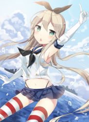 Rule 34 | 1girl, alternate eye color, blonde hair, blush, chestnut mouth, crop top, green eyes, highres, kantai collection, long hair, navel, shiino sera, shimakaze (kancolle), solo, striped clothes, striped thighhighs, thighhighs, very long hair