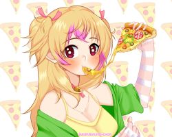 Rule 34 | 1girl, :t, bell, blonde hair, blush, breasts, cheese trail, cleavage, collar, collarbone, company name, crush crush, eating, elbow gloves, english text, eyebrows, fingerless gloves, food, gloves, green jacket, green pepper, hair ribbon, holding, holding food, jacket, long hair, medium breasts, mio (crush crush), multicolored hair, neck bell, neck ribbon, neuzu, off shoulder, olive, pepperoni, pink hair, pink ribbon, pizza, red eyes, ribbon, short sleeves, solo, streaked hair, striped clothes, striped gloves, two-tone hair, two side up, upper body, white background