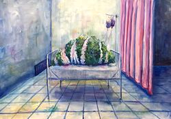 Rule 34 | bandages, bed, blood, blood bag, commentary request, curtains, highres, hospital bed, indoors, intravenous drip, no humans, on bed, original, painting (medium), pink curtains, plant, tile floor, tiles, tokunaga aoi, traditional media, watercolor (medium)