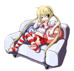 Rule 34 | 00s, 1girl, blonde hair, blush, couch, female focus, green eyes, hayate no gotoku!, head rest, kobayashi tetsuya, midriff, navel, no shoes, off shoulder, one eye closed, patterned legwear, pillow, sanzen&#039;in nagi, shirt, simple background, sitting, skirt, solo, striped clothes, striped thighhighs, thighhighs, toeless legwear, toes, twintails, two-tone stripes, white shirt, wink, yes-no pillow