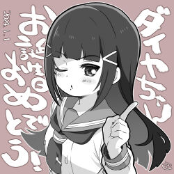 Rule 34 | 1girl, ;o, birthday, black hair, brown background, chibi, commentary, dated, greyscale with colored background, kurosawa dia, long hair, looking at viewer, love live!, love live! sunshine!!, lowres, mezashi (mezamashi set), mole, mole under mouth, one eye closed, school uniform, signature, solo, translation request, upper body, uranohoshi school uniform