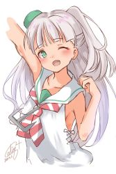 Rule 34 | 1girl, anchor hair ornament, anchor necklace, blunt bangs, calin, commentary request, dress, green eyes, green headwear, hair ornament, hair ribbon, highres, jewelry, kantai collection, long hair, looking at viewer, maestrale (kancolle), neckerchief, necklace, one-hour drawing challenge, one eye closed, one side up, ribbon, sailor dress, silver hair, simple background, sleeveless, sleeveless dress, solo, striped neckerchief, striped neckwear, tilted headwear, upper body, white background, white dress, white ribbon