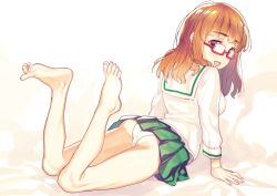 Rule 34 | 10s, 1girl, arm support, ass, bare legs, barefoot, blouse, blunt bangs, commentary request, feet, from behind, full body, girls und panzer, glasses, green skirt, long hair, long sleeves, looking at viewer, looking back, lying, miniskirt, neckerchief, no legwear, on stomach, ooarai school uniform, open mouth, orange eyes, orange hair, panties, pleated skirt, red-framed eyewear, school uniform, semi-rimless eyewear, serafuku, shirt, simple background, skirt, smile, soles, solo, subachi, takebe saori, toes, trefoil, under-rim eyewear, underwear, white background, white panties, white shirt